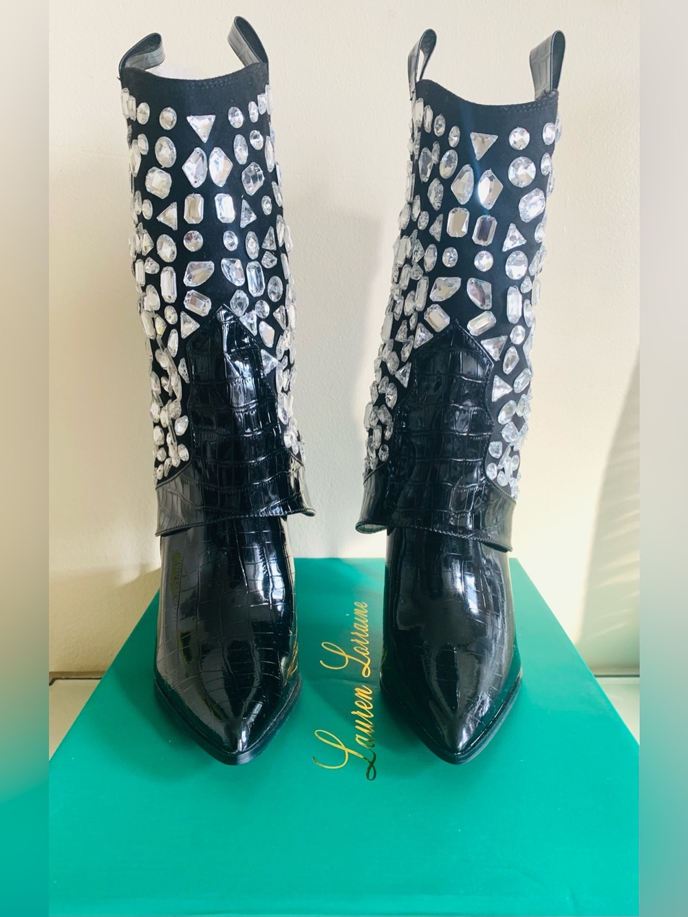 LAUREN LORRAINE Metallic, Mirrored Stiletto Boot-Sz. 11,7.5, 8.5-Black NIB READ! - Picture 2 of 3